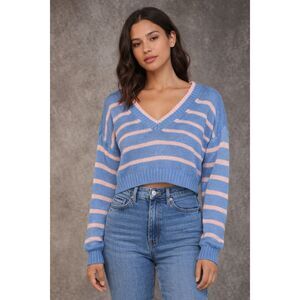 American Eagle Blue & Pink Striped V-Neck Cropped Sweater Large #767